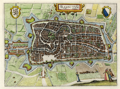 214016 Plattegrond van de stad Utrecht met directe omgeving; met stratenplan, wegen en watergangen en gestileerde ...